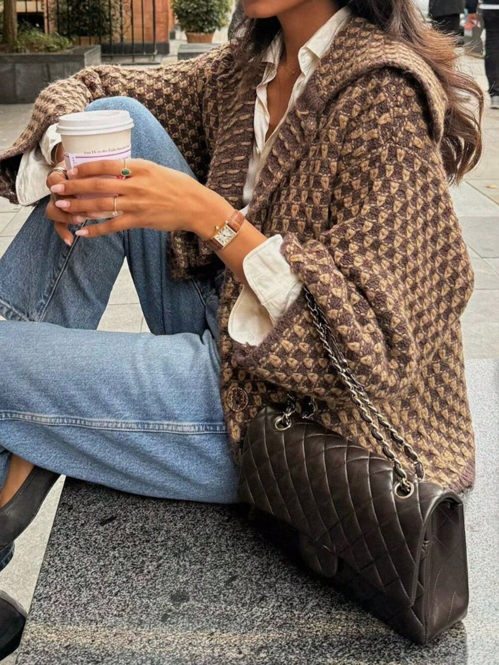 Brown Casual Women's Loose Waterfall Drop Shoulder Long Sleeve Cardigan - Picture 4 of 6